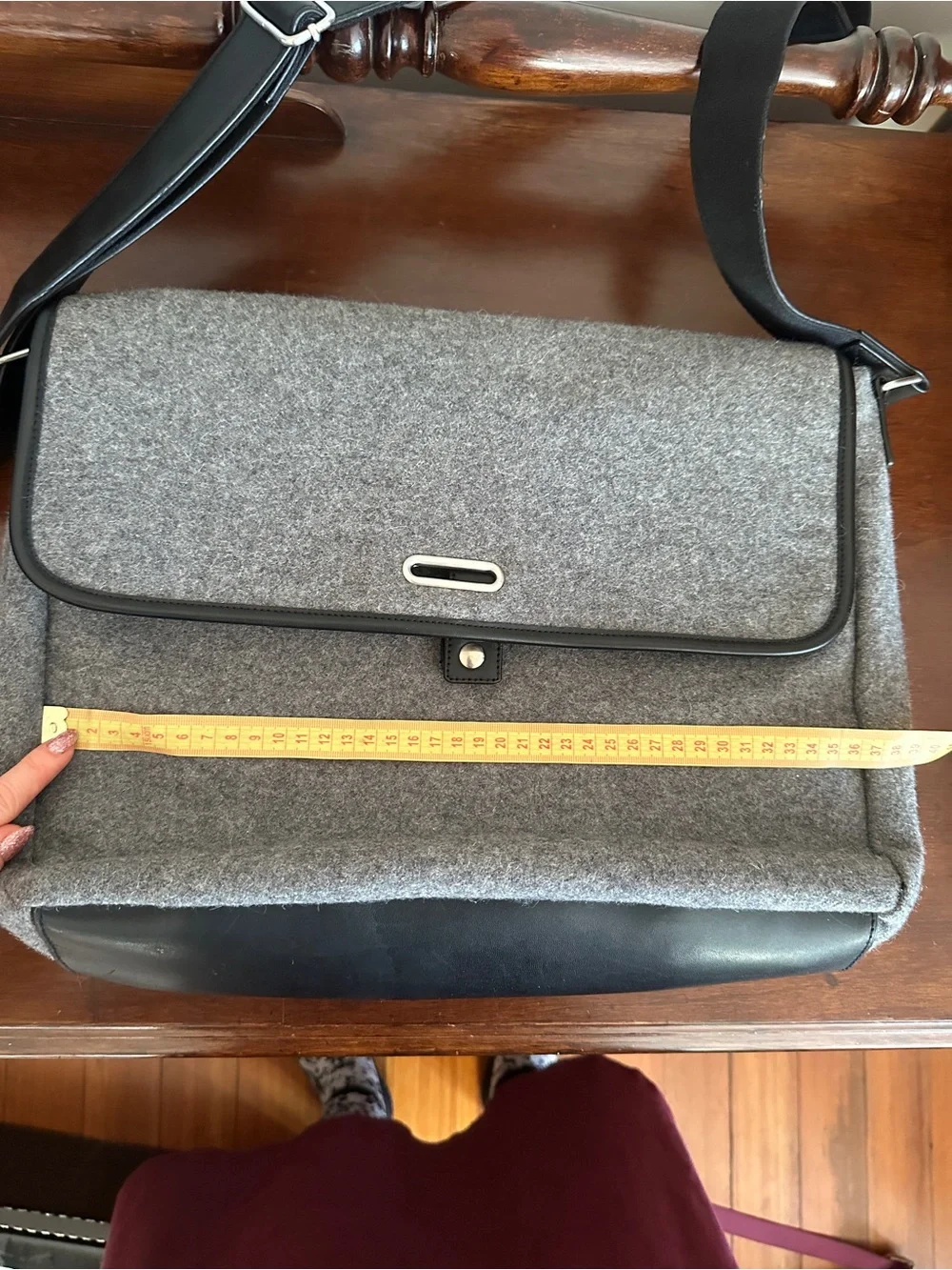 Grey Felt Messenger Bag with Black Trim and Silver Details